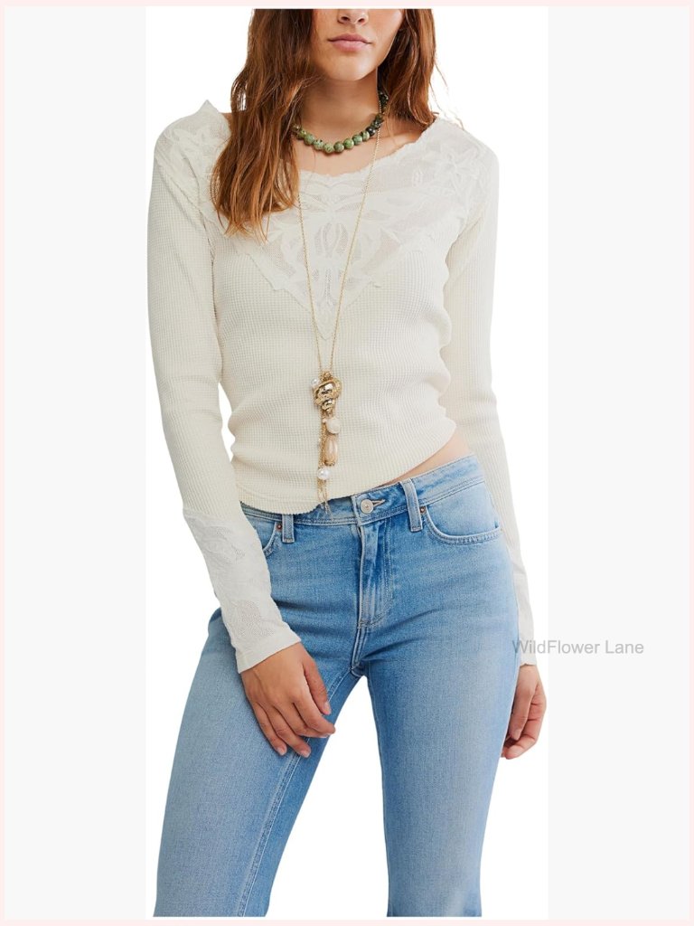 Lace Boat Neck Long Sleeve T-Shirt With Butterfly Cuffs